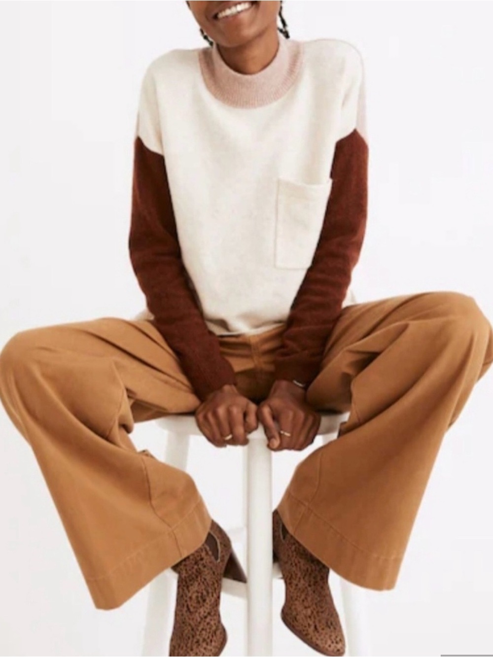 Madewell Redmond Colorblock Mockneck Sweater in Cream and Brown
